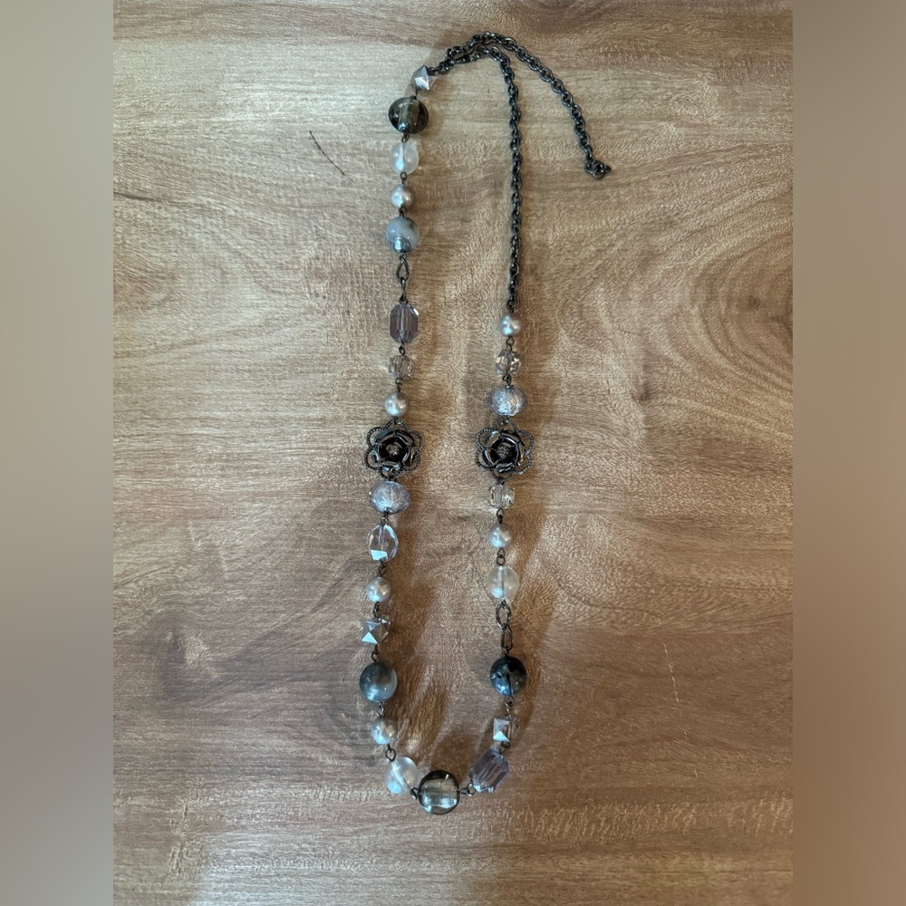 Grey & Gunmetal Tone Costume Fashion Necklace Floral Pearl Fairy Core Magical
